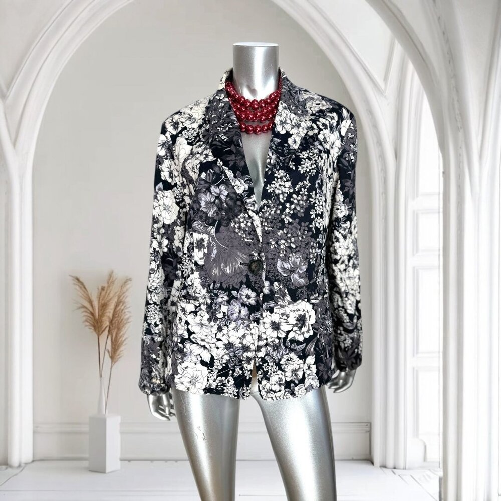 Chicos Black & White Floral Blazer Jacket Size XL Cotton Blend